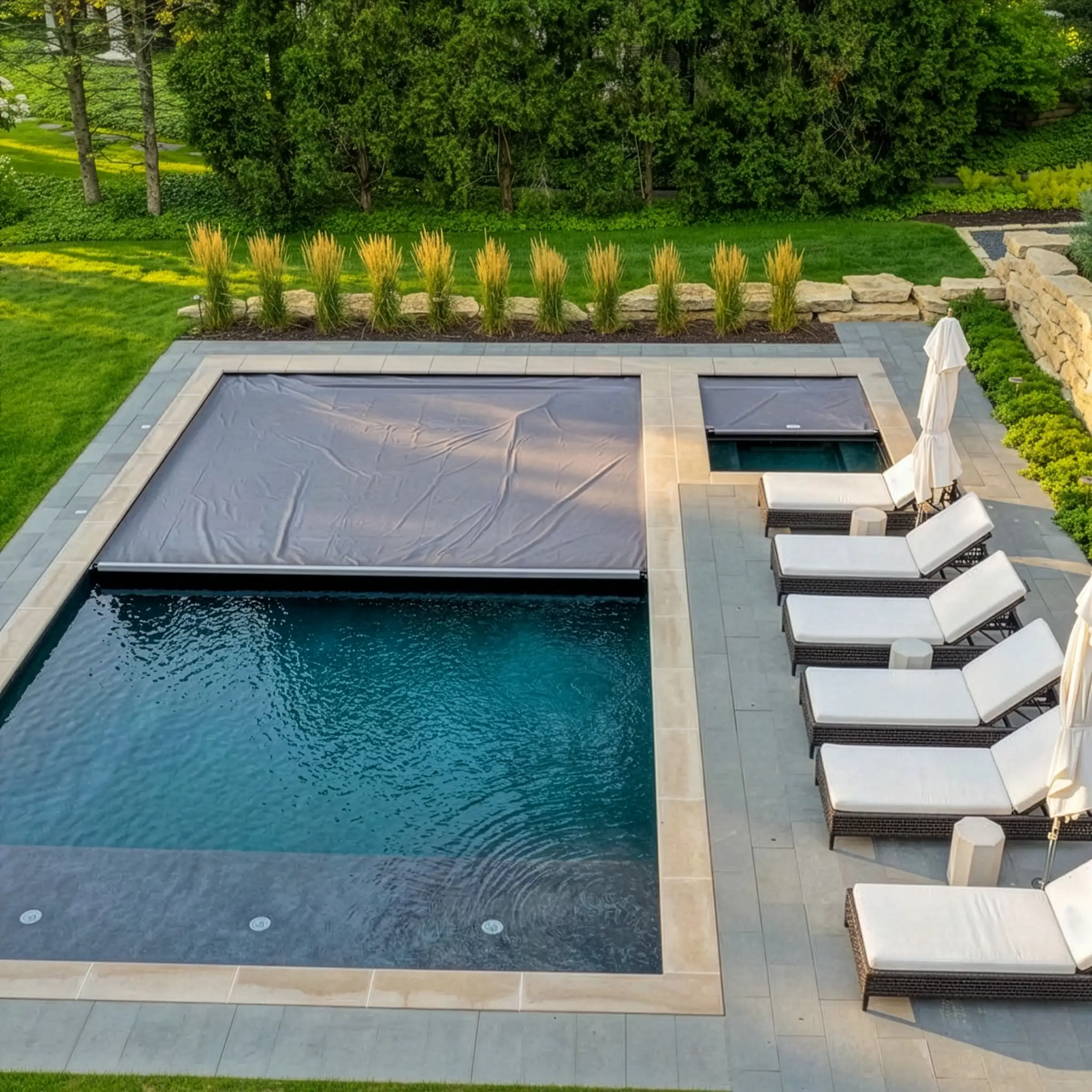 Large automatic safety cover protecting a luxury pool and spa combination